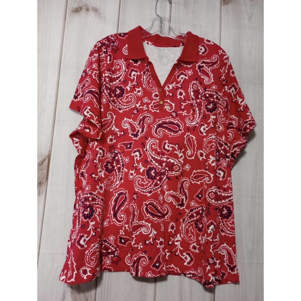 Kim Rogers Perfectly‎ Soft Red Paisley Cotton Polo Shirt Womens 2X Short Sleeve
